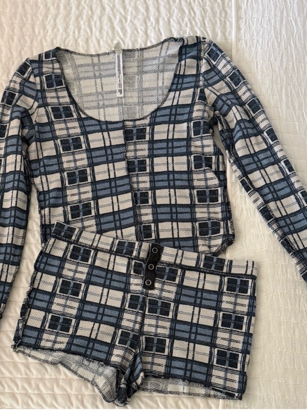 Free People Blue and White Plaid Thermal Pajama Set